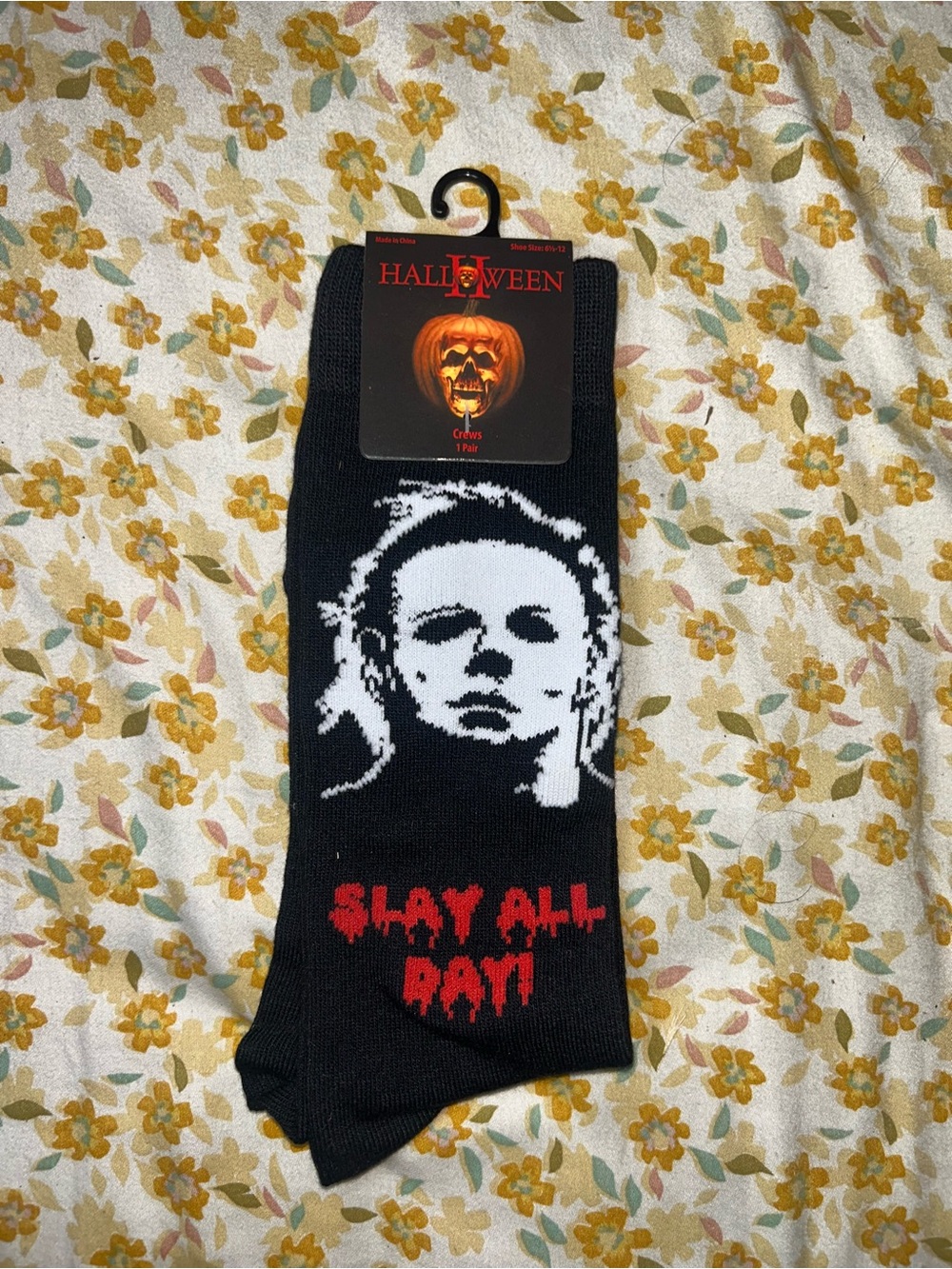 Black Crew Socks with White Face Graphic and Red Text